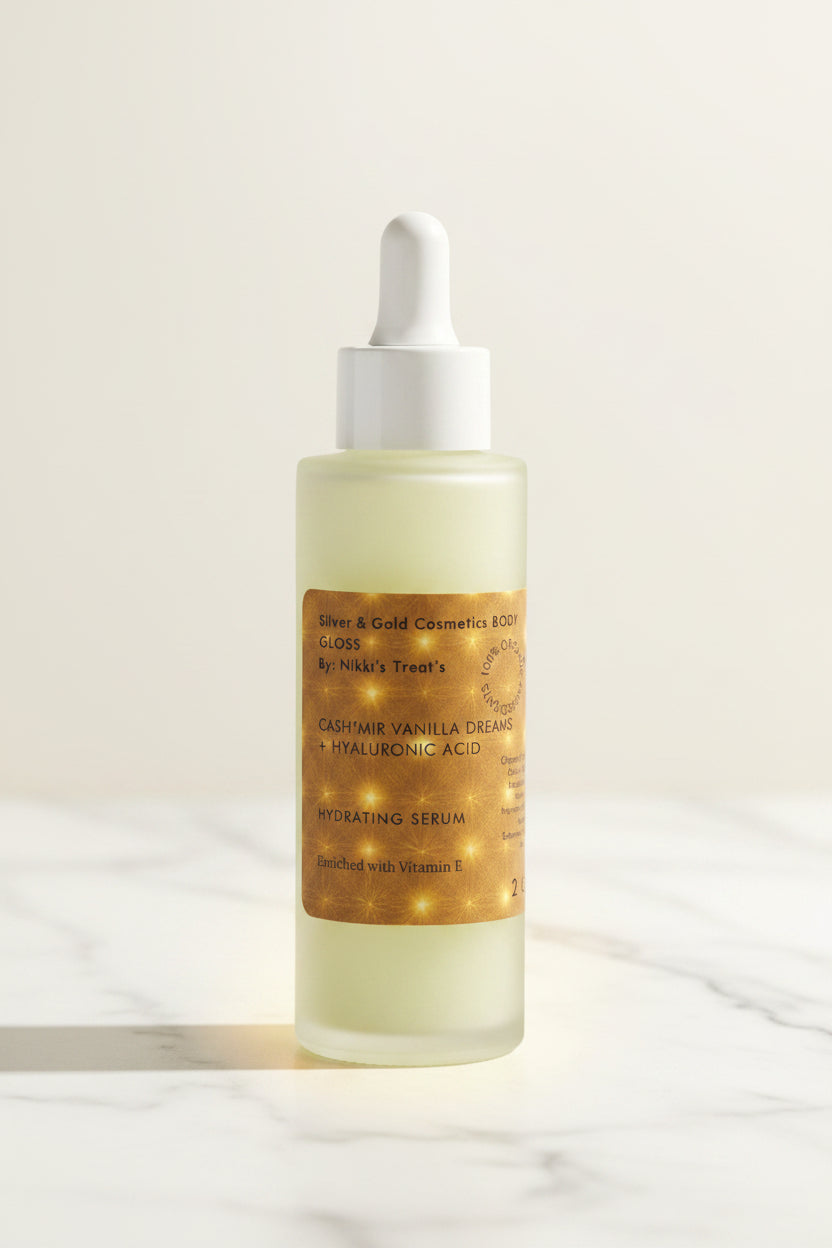 NEW Body Gloss Serum, Hyaluronic Acid, 24K Gold Shimmer, Cash’Mir Vanilla Dreams Scent • Hydrating